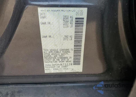 2015 Nissan Altima 2.5 z USA, uszkodzony, nr VIN 1N4AL3AP5FN875228